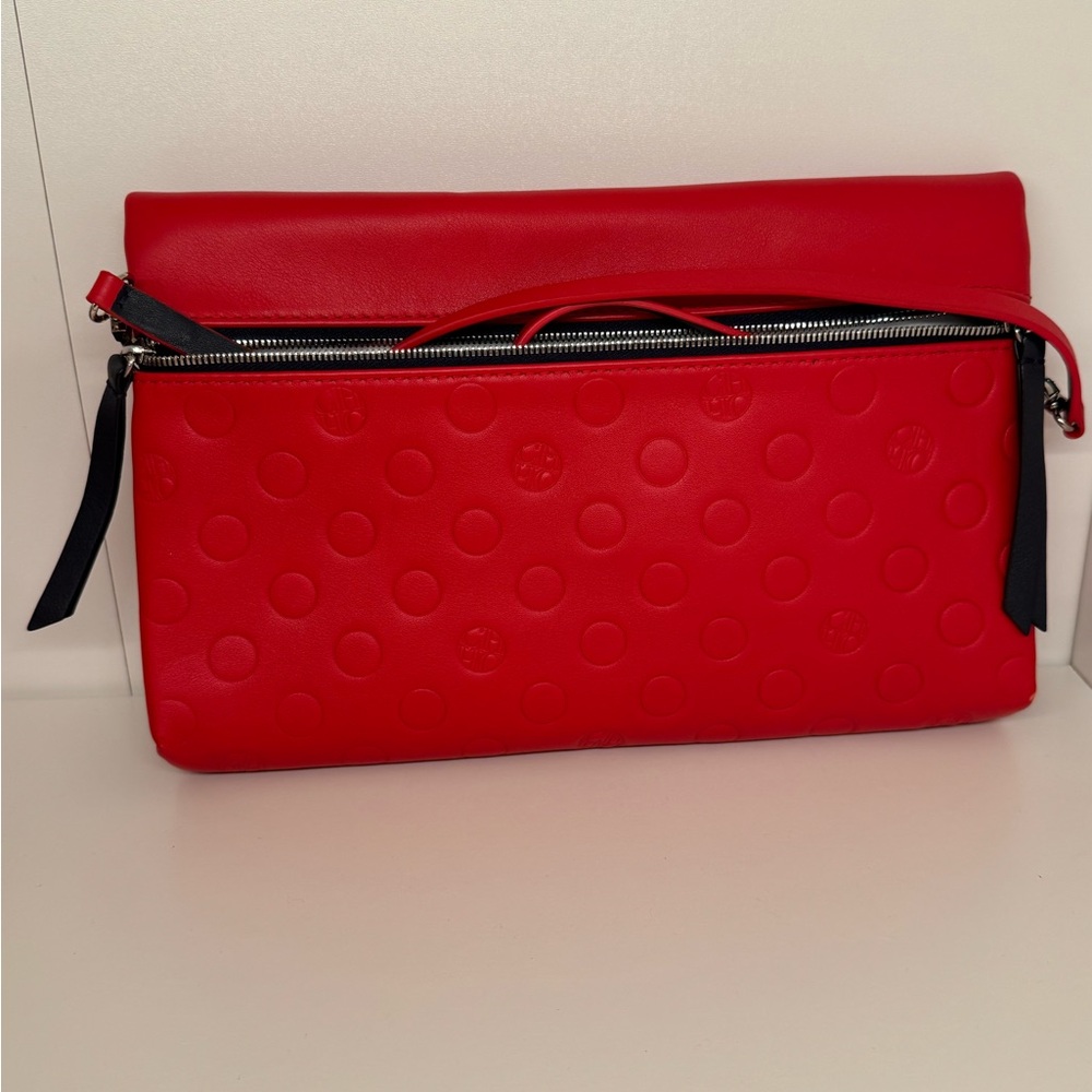 CH Vibrant Red Crossbody Bag with Textured Fabric and Dark Navy Blue Details